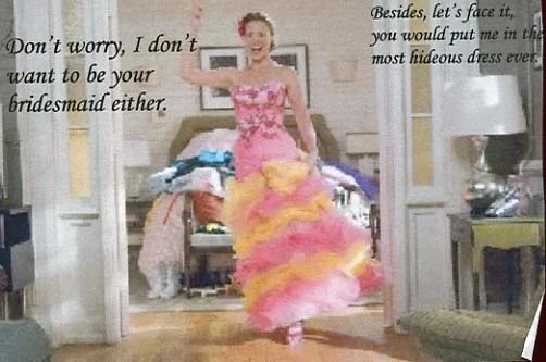 A woman in a colorful, ruffled dress expressing defiance in a playful manner.