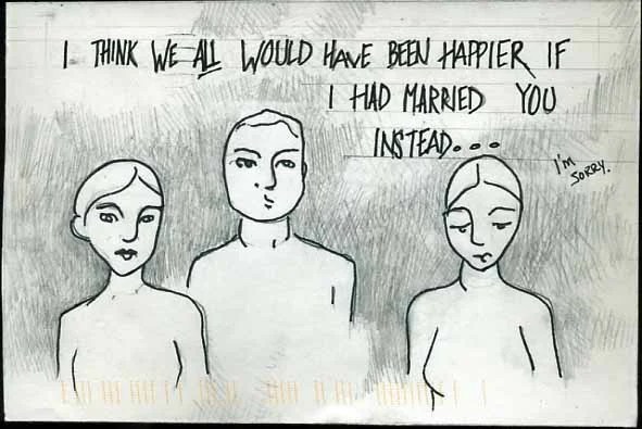 A monochrome drawing of three figures with expressive faces, conveying a sense of regret.