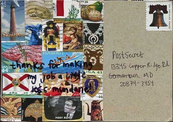 A colorful collage of various stamps with a handwritten message in blue ink.