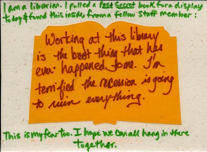 The front features handwritten text on a colorful background, expressing personal feelings about work and economic conc…