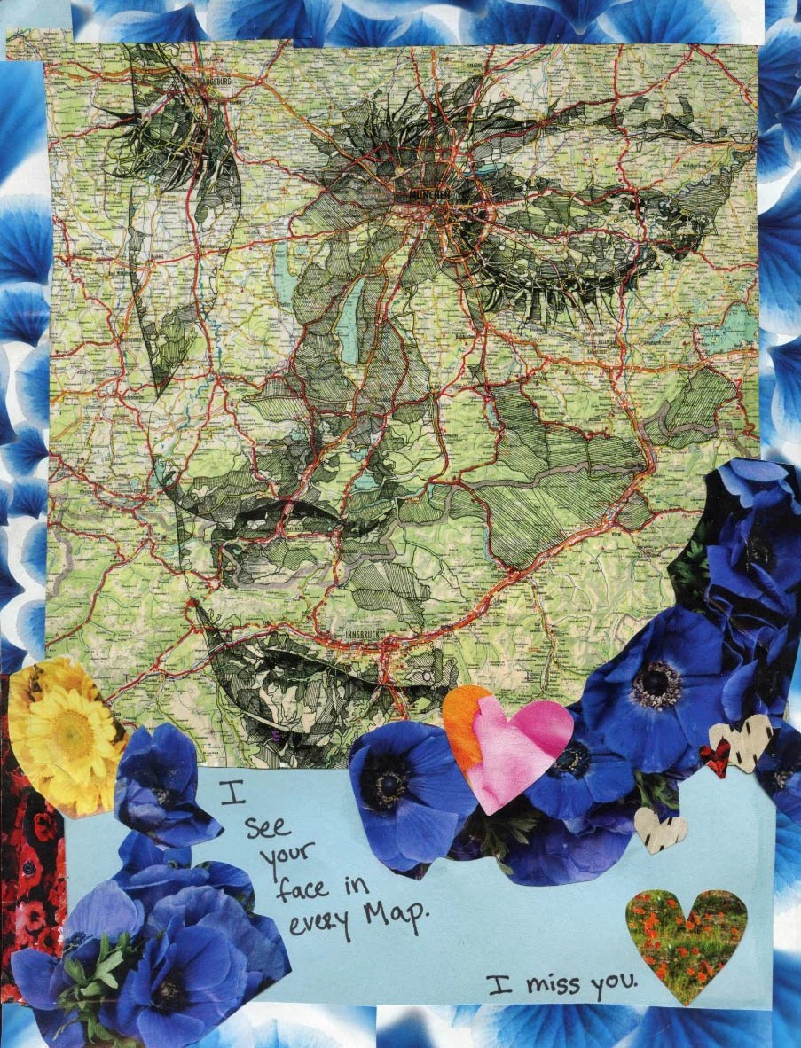 A colorful collage with a map background, floral elements, and handwritten text.