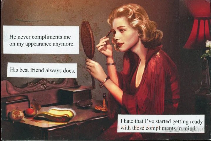 A vintage-style image of a woman looking in a mirror, dressed elegantly, with a somber expression.