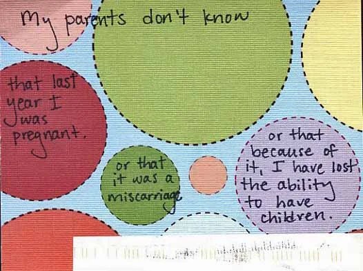 Colorful circles on a textured background with handwritten text expressing a personal secret.