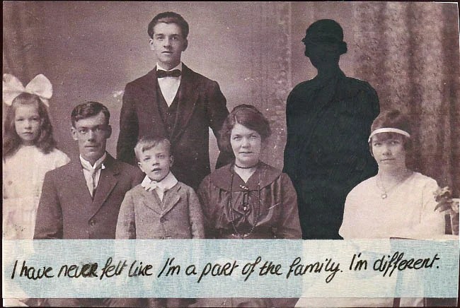 A sepia-toned family portrait with a handwritten note overlay.