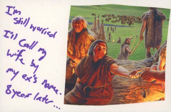 A historical scene depicting people in a primitive setting, with a focus on expressions of concern.