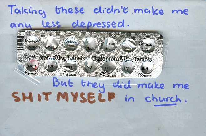 A mix of handwritten text and a medication blister pack, conveying a personal message.