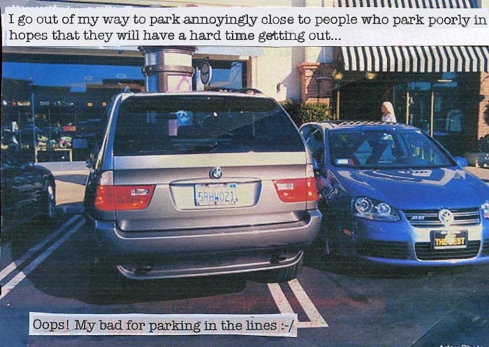 A photo showing two cars parked closely, with humorous text overlay.
