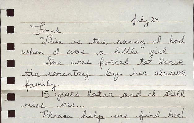 A handwritten note on lined paper expressing longing for a lost nanny.