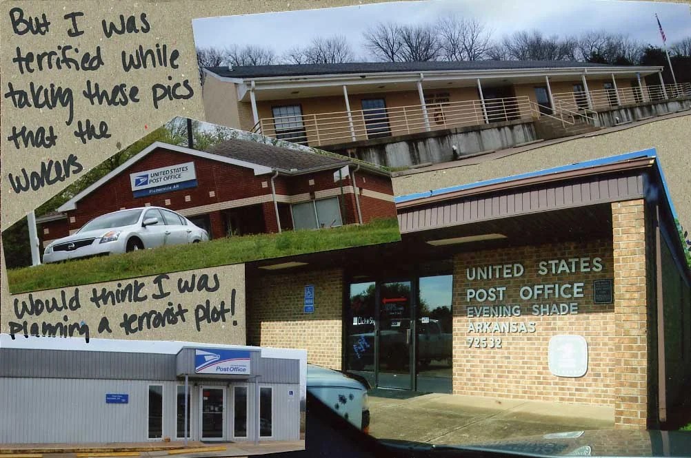 A collage featuring multiple post office images with handwritten notes expressing fear.