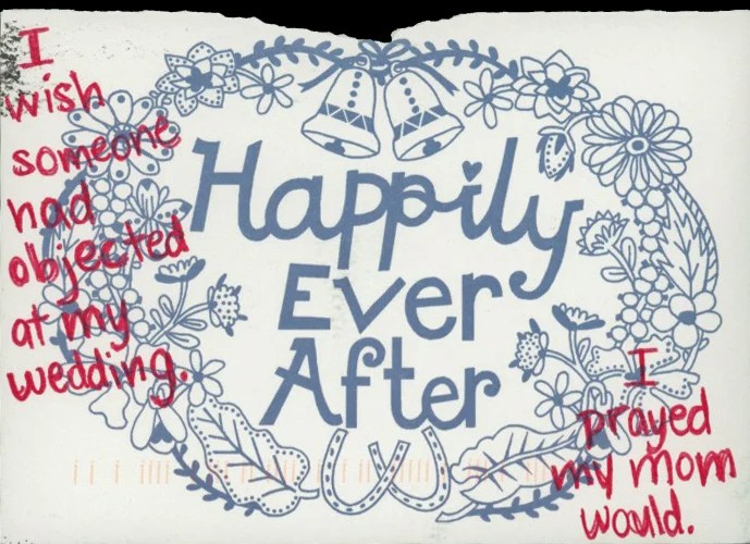 A decorative design featuring flowers and wedding bells with the text 'Happily Ever After'.