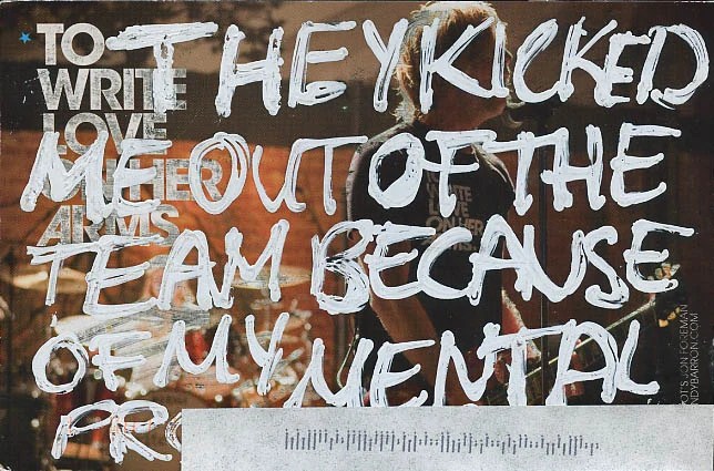 The front features bold, white handwritten text over a blurred background of a band performing.