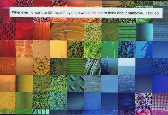 A vibrant collage of various colors and textures with a poignant message overlay.