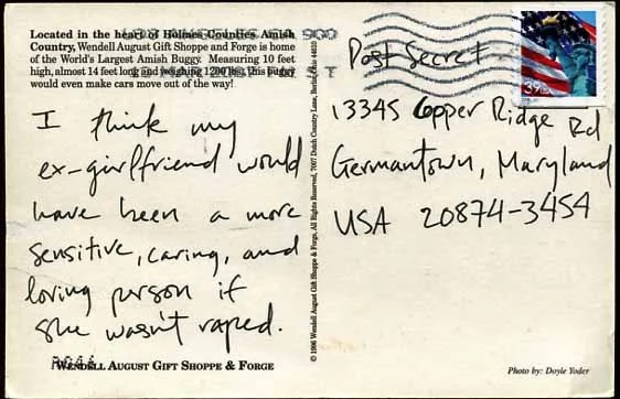 A postcard featuring a brief message about a past relationship and trauma.