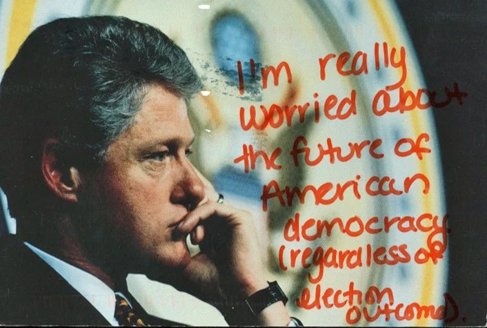 A serious portrait of a man in a suit, with a worried expression, overlaid with handwritten text.