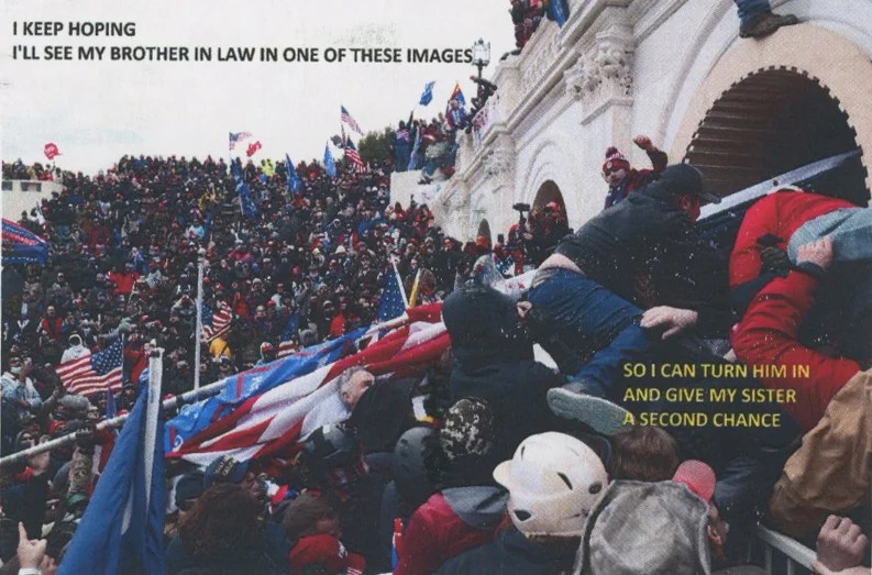 A crowd scene with people holding flags, depicting a tense moment.