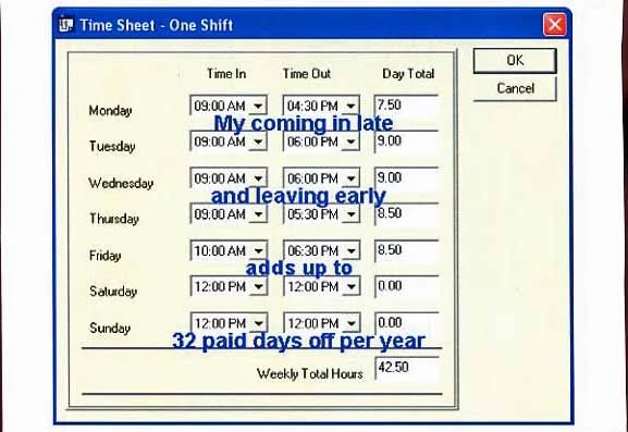A digital time sheet with blue text highlighting hours worked and a personal note.