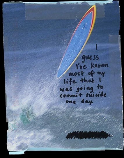 A surfboard against a blue ocean background, with handwritten text expressing deep personal thoughts.