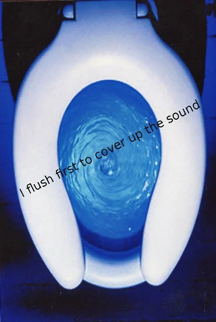 A close-up image of a toilet bowl with swirling blue water, featuring text overlay.