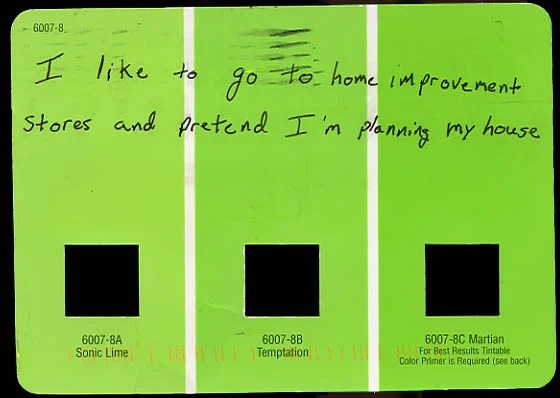 A bright green card with handwritten text and color swatches.