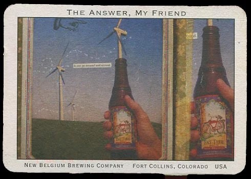 A collage featuring a hand holding a beer bottle with wind turbines in the background.