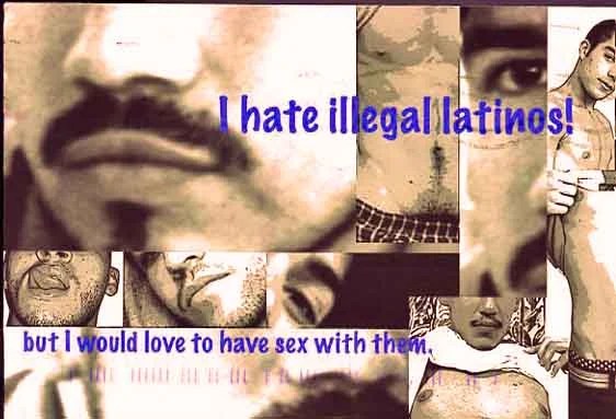 A collage of male faces with bold text expressing hate and desire.