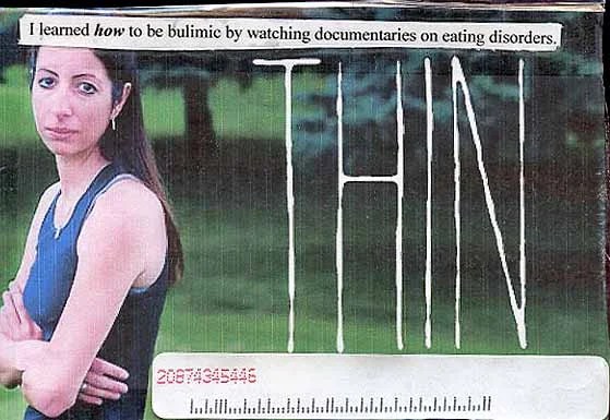 A woman stands with her arms crossed, looking serious, with the word 'THIN' prominently displayed.
