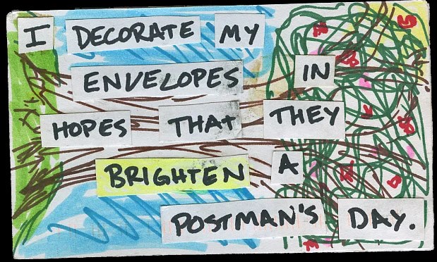 Colorful envelope design with handwritten text and doodles.