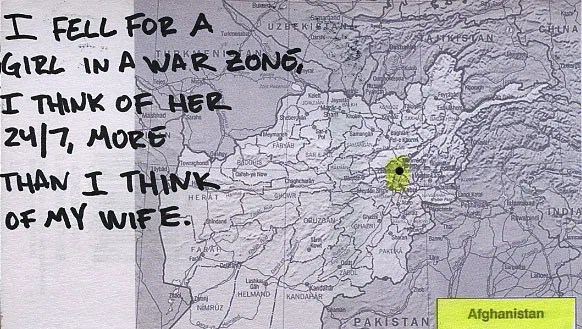 A map of Afghanistan with handwritten text overlay expressing deep feelings.