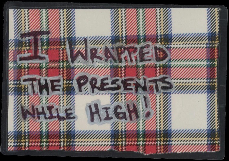 A plaid background with handwritten text in various styles.