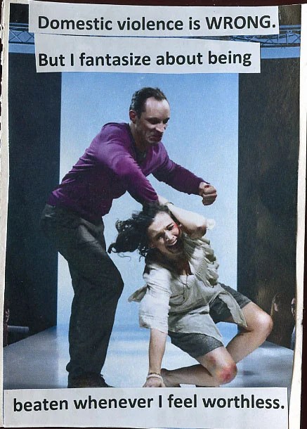A dramatic scene depicting a man and woman, with text addressing domestic violence and personal fantasies.
