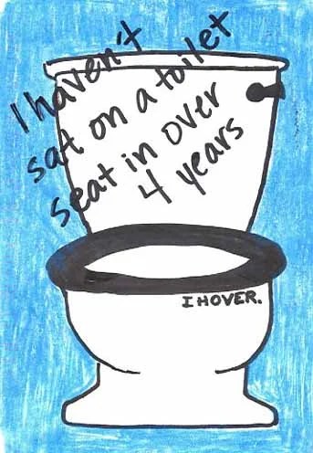 A simple doodle of a toilet with a blue background and handwritten text.