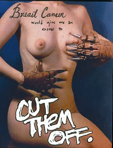 A mixed media piece featuring a nude figure with claws, conveying a stark message about breast cancer.