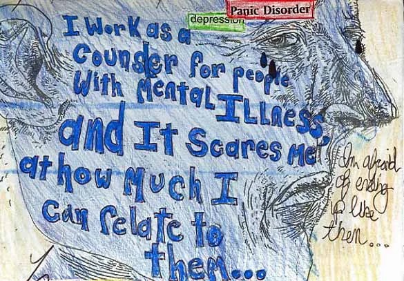 The front features a blue-skinned figure with expressive lines and bold text about mental illness.