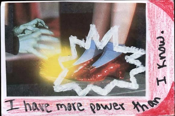 A vibrant collage with a hand and red shoes, highlighted with colorful elements.