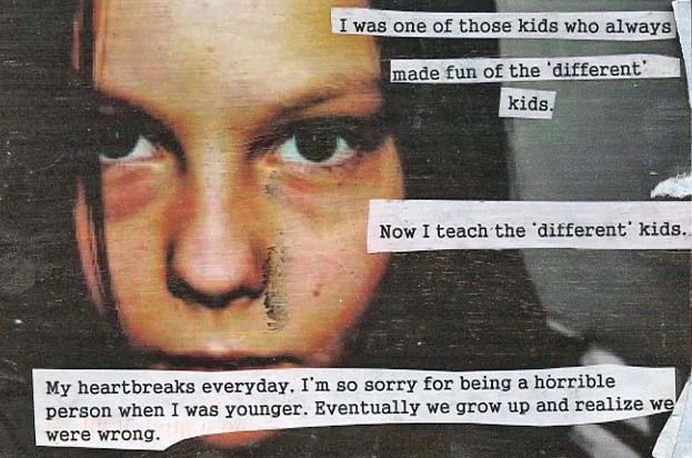 A collage featuring a close-up of a child's face with text about bullying and regret.