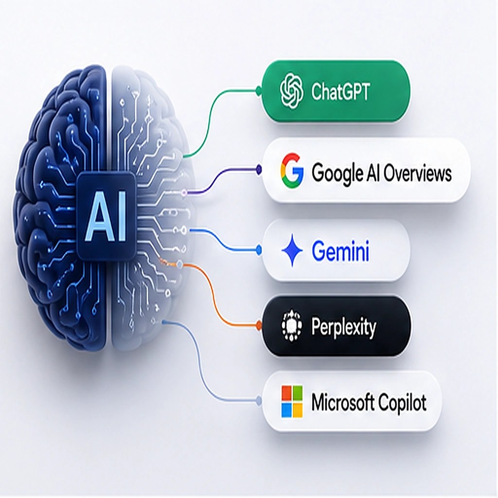 AI search platforms including ChatGPT, Google AI Overviews, Gemini, Perplexity, and Microsoft Copilot.