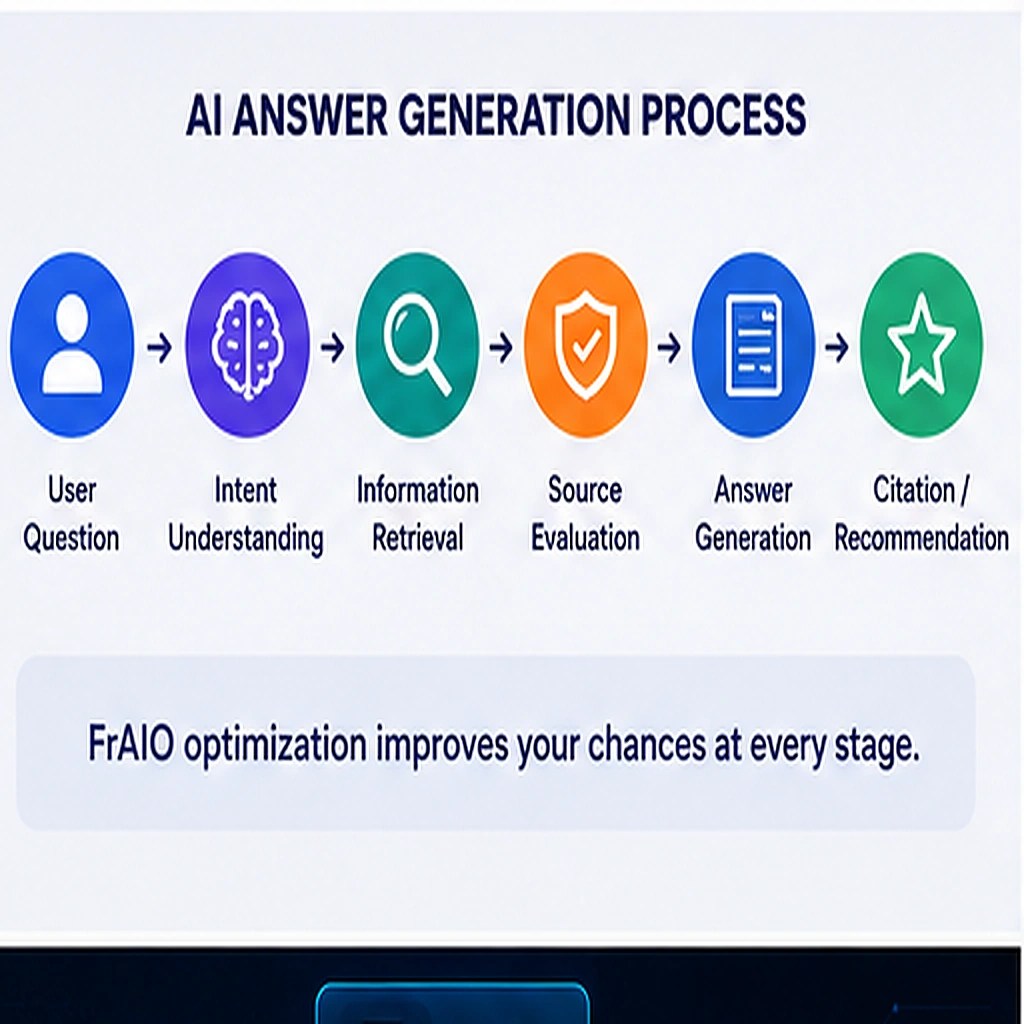 AI answer generation process from user question and intent understanding to information retrieval, source evaluation, and citation.