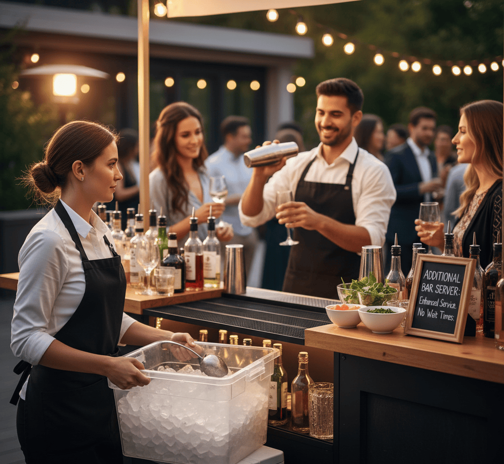 Outdoor evening bar setup at a Florida event with warm string lights, liquor bottles, and guests socializing in the background.