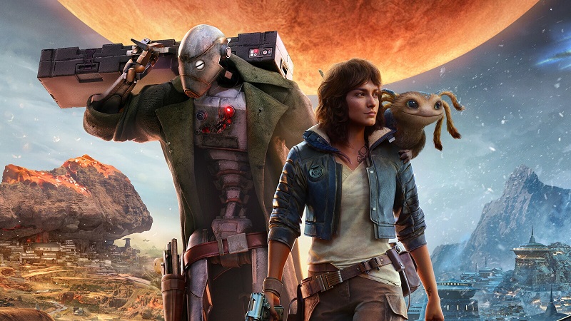 A robot with a gun over his shoulder and wearing a long duster jacket stands in front of a female smuggler who has brown hair and a blue coat with a white undershirt on. A moon and blue sky is behind them.
