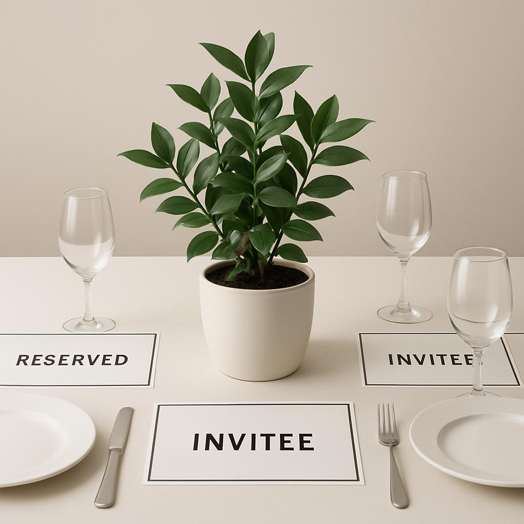 Table setting with "RESERVED" and "INVITEE" placards, accompanied by a plant, serving as the focal image.