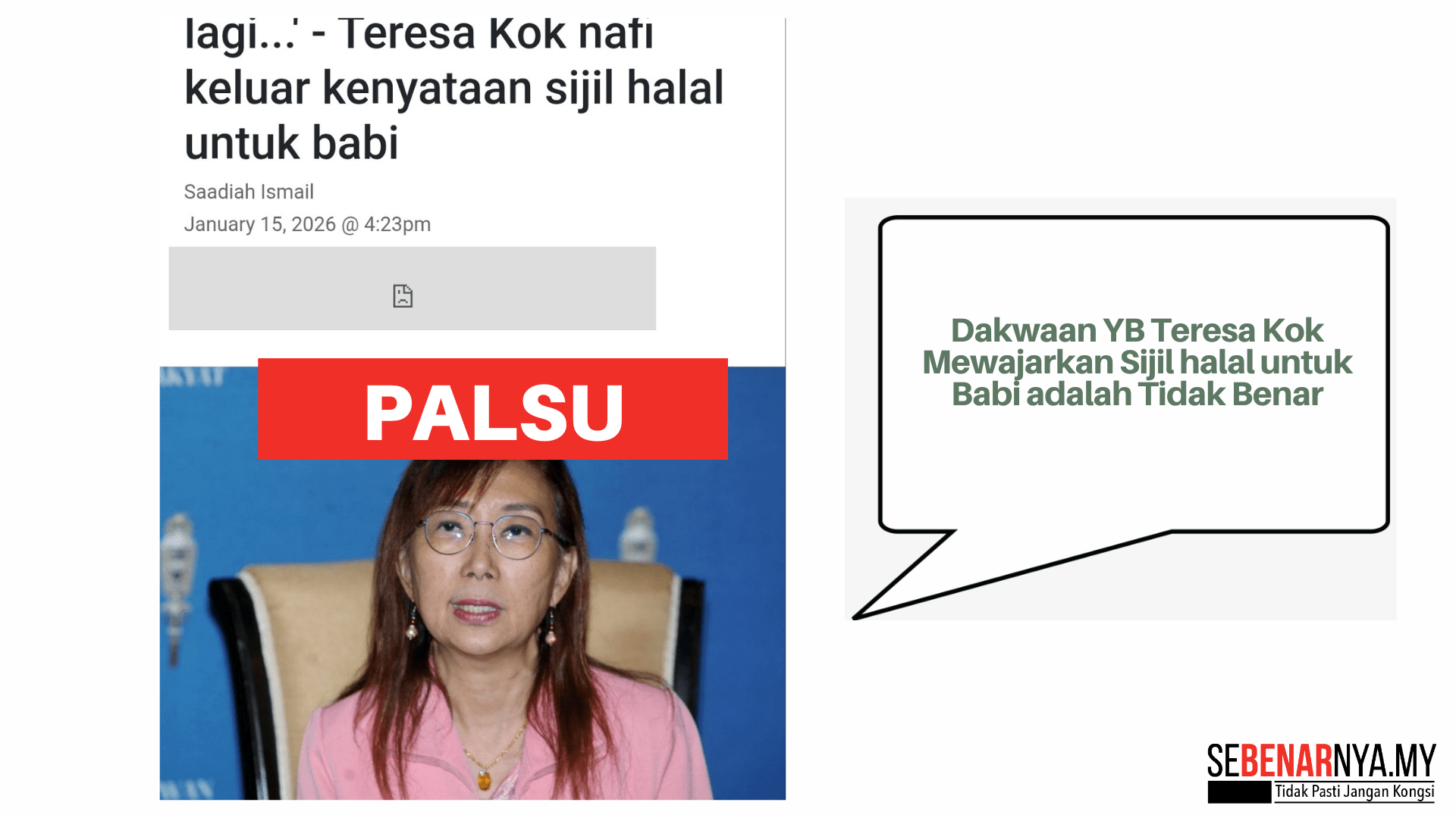 Dakwaan YB Teresa Kok Mewajarkan Sijil halal untuk Babi adalah Tidak Benar