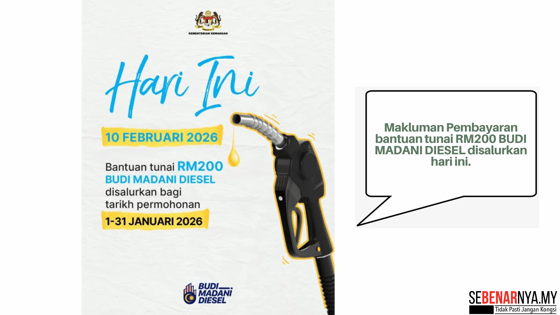 Pembayaran bantuan tunai RM200 BUDI MADANI DIESEL disalurkan hari ini.
