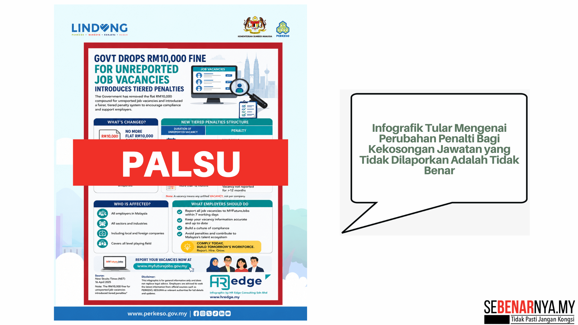 Infografik Tular Mengenai Perubahan Penalti Bagi Kekosongan Jawatan yang Tidak Dilaporkan Adalah Tid