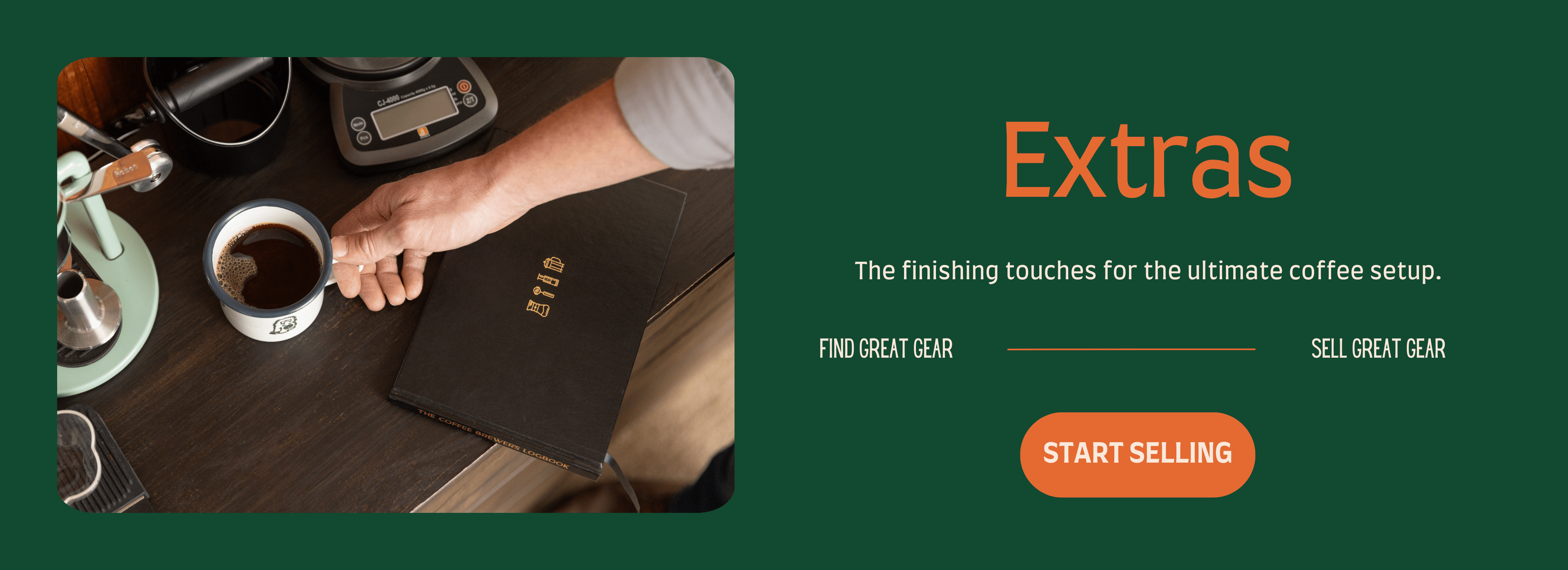 Hand holding a cup of coffee next to a coffee logging book.