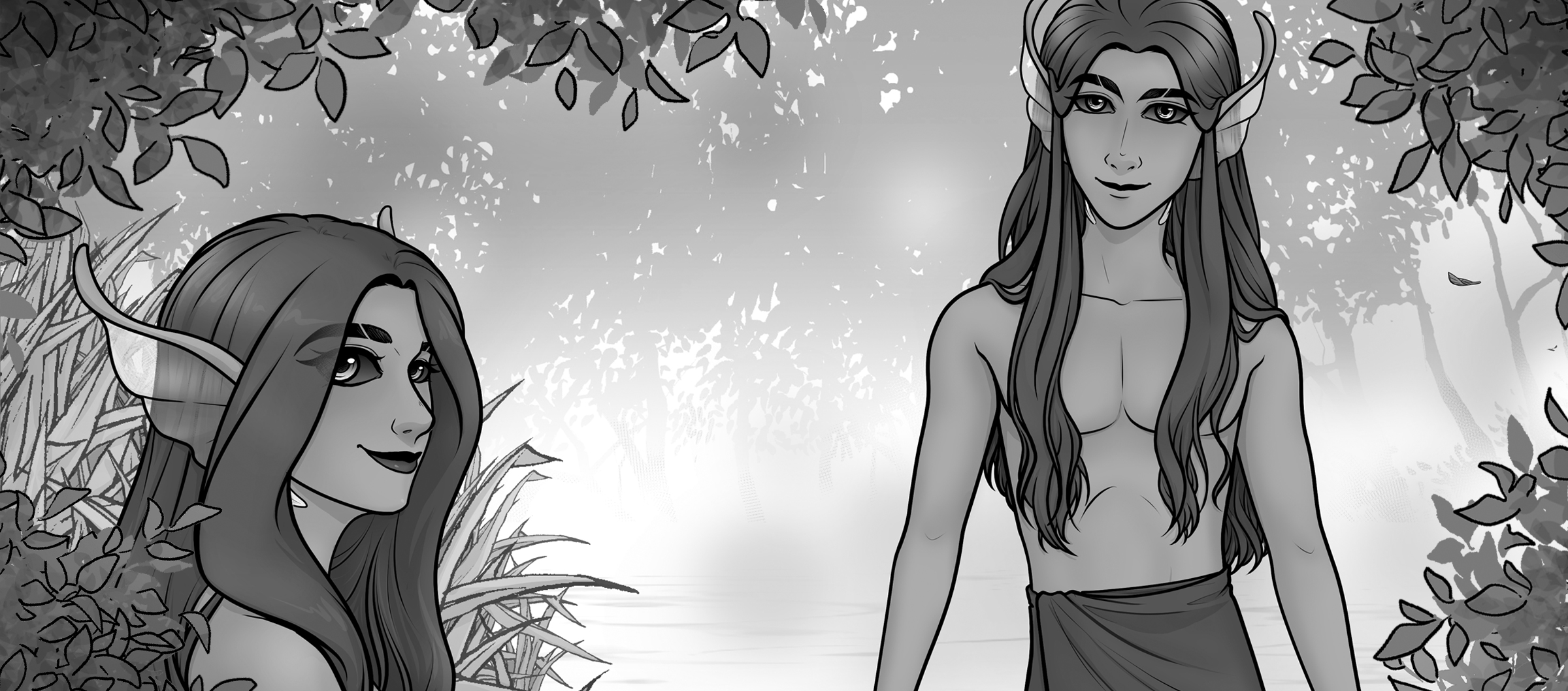 Art of the nymphs Leila and Loni at their pond, looking at the viewer.