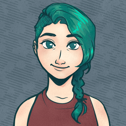 A Portrait drawing of the creator. Blue-green hair and eyes, pale skin, sleeveless crewneck shirt and a playful smile.