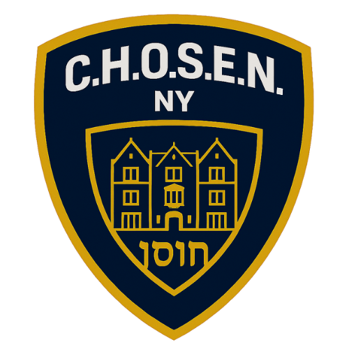 C.H.O.S.E.N. NY shield emblem featuring a gold outline of 770 Eastern Parkway and the Hebrew word חוסן