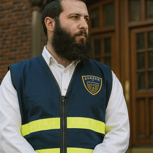 Frum Jewish male security volunteer wearing CHOSEN vest, standing at the entrance of a large synagogue in Crown Heights, NY.