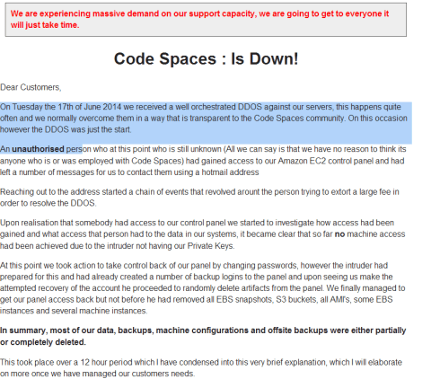 Code Spaces down