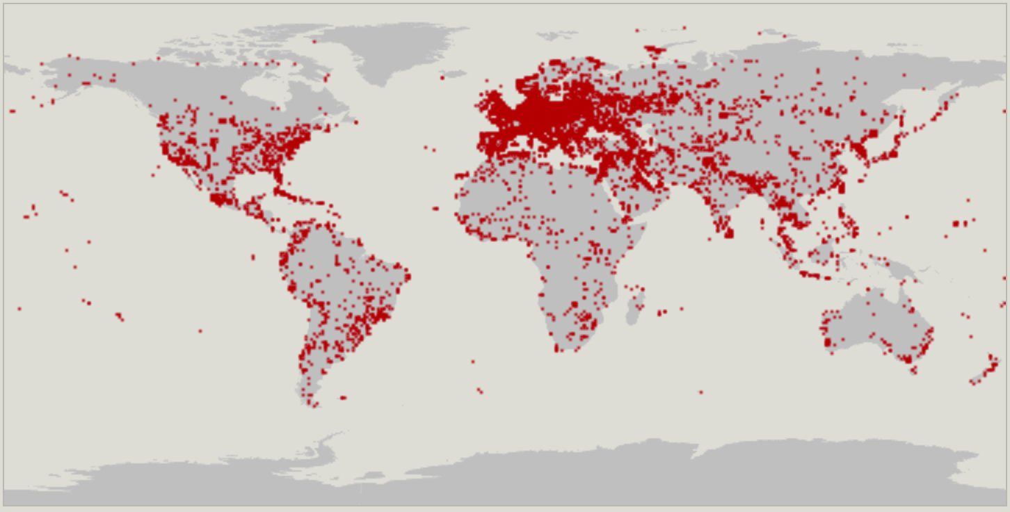 Map showing OpenStreetMap objects tagged with "landuse=military"
